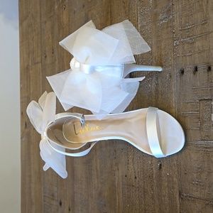 Lulus Ayanna Ivory Satin Bow Ankle Strap High Heel Sandals, Womens 7.5